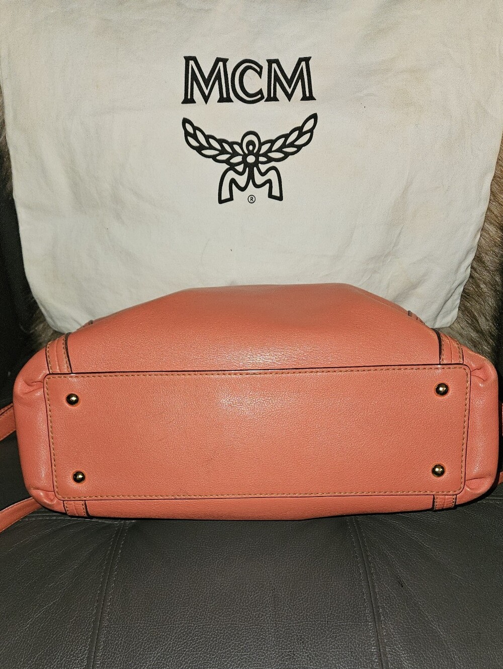 MCM Coral Orange Leather Top-Handle Satchel with Strap - Picture 6 of 7